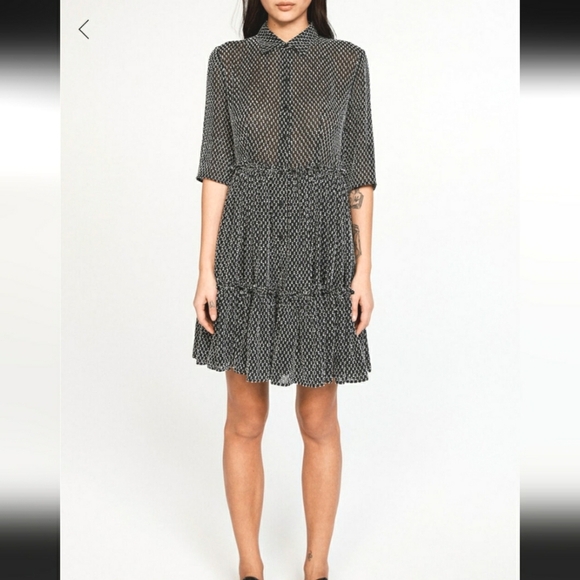 Claudie Pierlot Paris "Ruffled Shirt Dress". Textured. Navy Blue & White. 4 US. - Picture 1 of 15